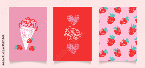 Valentine's day cards set with real wax crayon texture. Unusual artistic art poster with oil pastel hand drawn romantic elements. Textured vector illustration.