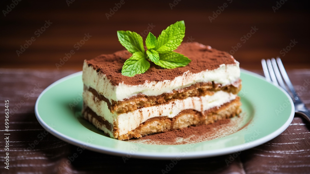 Close up on a portion of gourmet tiramisu Italian dessert topped with a sprig of mint Generative AI