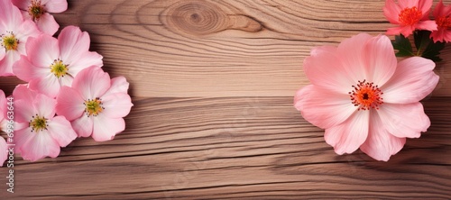 Pink flowers on wooden background. Top view with copy space.