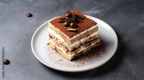 Tiramisu cake with chocolate decotaion on a plate. Grey stone background. Top view. Generative AI photo