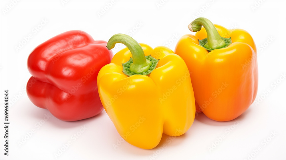 Three bell peppers, red, yellow and an orange one with white background. Generative AI Three bell peppers, red, yellow and an orange one with white background. Generative AI