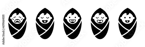 Cute baby in diaper with emotions icon. Black joyful and sleepy child wrapped in cocoon with pacifier upset and crying and laughing vector enthusiastically