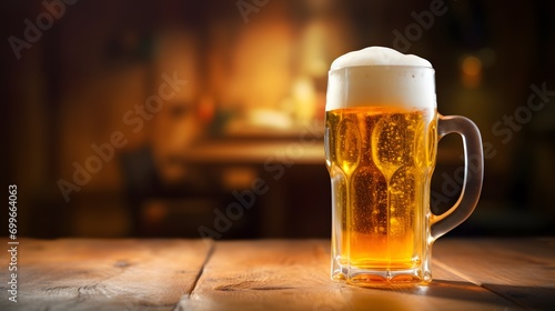 A beer mug on the wooden table. The beer is pale golden in color and have thick white foam on top. There was a little beer splashed on top.