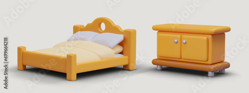 Realistic comfortable big bed and wooden commode nearby. Composition for online game in cartoon style. Home furniture concept. Vector illustration in 3d style in yellow colors