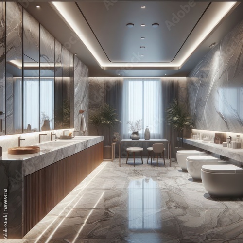 one of the bathrooms  which are part of this kitchen is marble  in the style of vray tracing  gray and brown  modern european ink painting