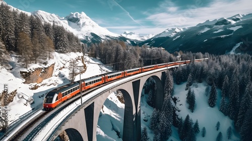Aerial view of Train passing through famous mountain in Filisur, Switzerland. Landwasser Viaduct world heritage with train express in Swiss Alps snow winter scenery.  © Ziyan Yang
