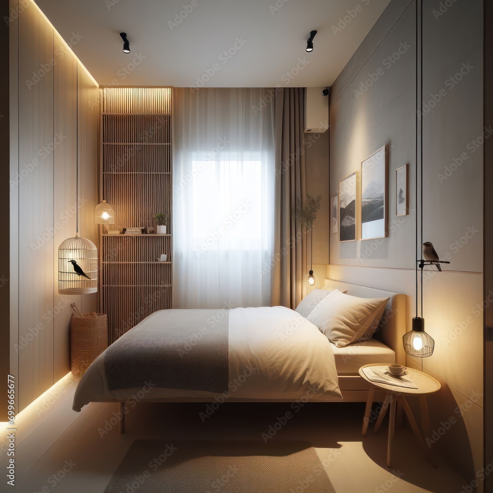 a bed room with a neatly made bed, minimalist interior design