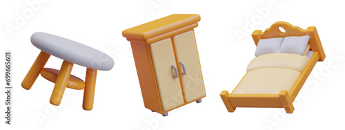 Wooden tea table, closet for clothes storage, and bed for comfortable sleeping. Set of different furniture for comfort living at home. Vector illustration in 3d style