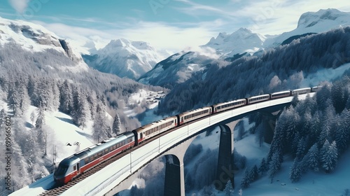 Aerial view of Train passing through famous mountain in Filisur, Switzerland. Landwasser Viaduct world heritage with train express in Swiss Alps snow winter scenery. 