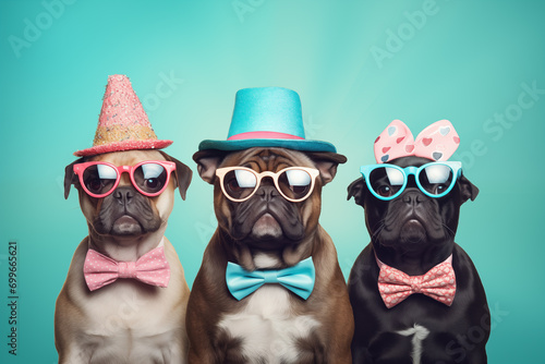 Three Dogs Dressed in Hats, Sunglasses, and Bow Ties, isolated on a pastel blue background. Stylish, fashionable and trendy style 