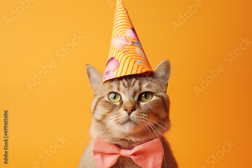 Cat Celebrating with a Party Hat and Bow Tie on a pastel orange background. Stylish, birthday party invitation design, pop art illustration, fashionable and trendy style photo