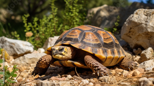 The Land turtle in its natural environment. A wild animal of Greece Hermanns tortoise. Generative AI
