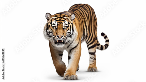 Tiger prowling  approaching and looking at the camera  isolated. Generative AI