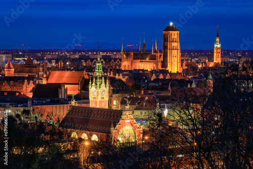 The Basilica and the Main Town Hall of the Gdansk city at dusk. Poland