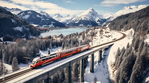 Aerial view of Train passing through famous mountain in Filisur, Switzerland. Landwasser Viaduct world heritage with train express in Swiss Alps snow winter scenery.  photo