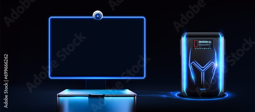 Sleek Futuristic Gaming Setup with Glowing Blue Neon Lights and Advanced PC Tower. Powerful PC or gaming desktop computer. Vector illustration