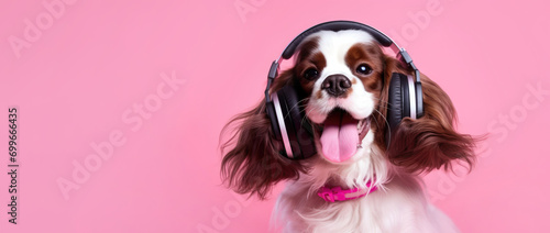 Happy dog in headphones on a pink background