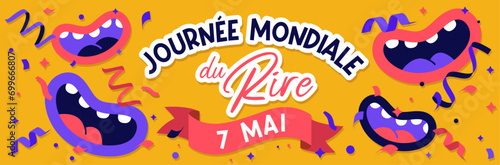Journée mondiale du Rire - Bannière festive et colorée pour célébrer la fête du rire - Illustrations positives de sourires, bouches souriantes et cotillons - Fête, humour, joie, positivité - 5 janvier