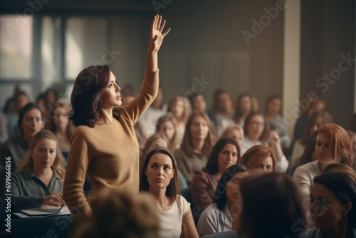 Confident people raising hand in a seminar with workshop audience in the background.
