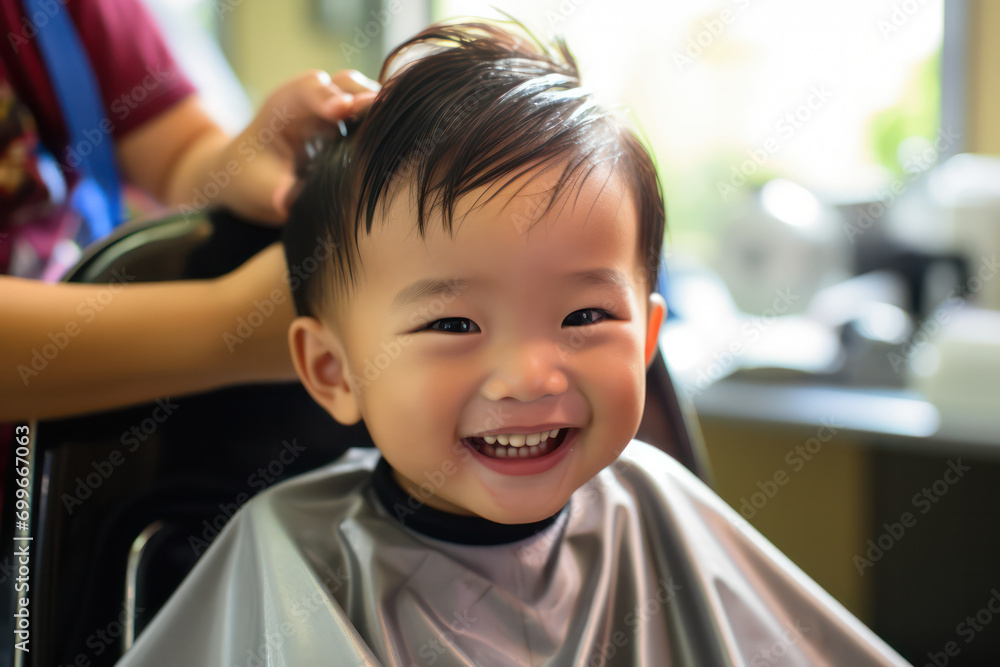 Joyful Milestone, Happy Asian Toddler Delights in His First Haircut Experience. Joyful Milestone, Happy Asian Toddler Delights in His First Haircut Experience.