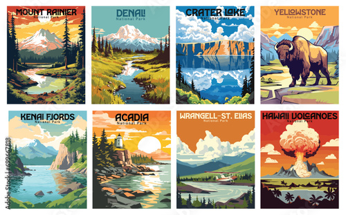 National Parks Vector Art Set - Mount Rainier, Denali, Crater Lake, Yellowstone, Hawaii Volcanoes, Wrangell-St. Elias, Acadia, Kenai Fjords photo