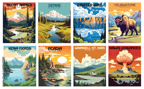National Parks Vector Art Set - Mount Rainier, Denali, Crater Lake, Yellowstone, Hawaii Volcanoes, Wrangell-St. Elias, Acadia, Kenai Fjords