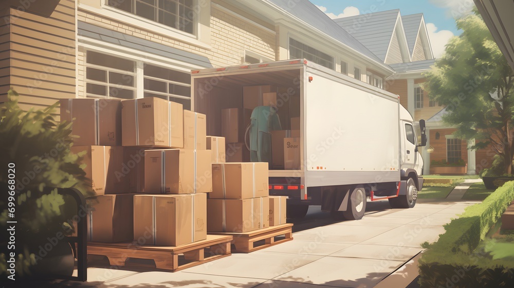 An open moving truck filled with cardboard boxes in the driveway of a suburban house - obrazy, fototapety, plakaty 