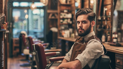 Handsome man in vintage barber shop photo