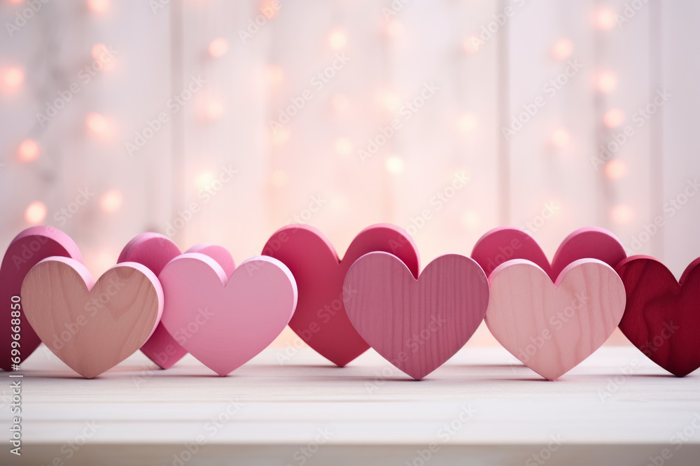 Pink and red wooden hearts on white table with bokeh effect of varied colors perfect for backgrounds and symbol of love Pink and red wooden hearts on white table with bokeh effect of varied colors perfect for backgrounds and symbol of love