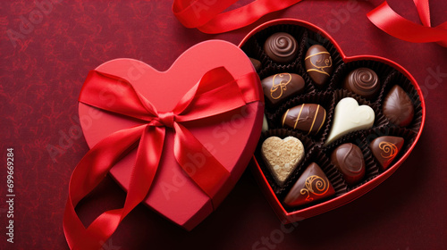 Valentine's Day heart-shaped chocolate box with satin ribbon