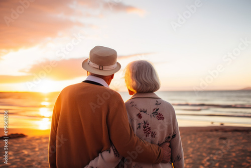 Old senior couple holding hands together on the beach at sunset