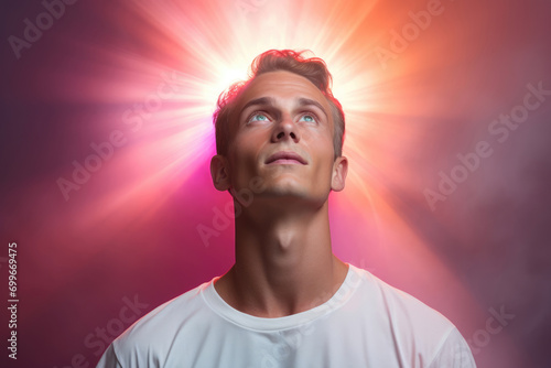 Young man with halo, holy light above his head