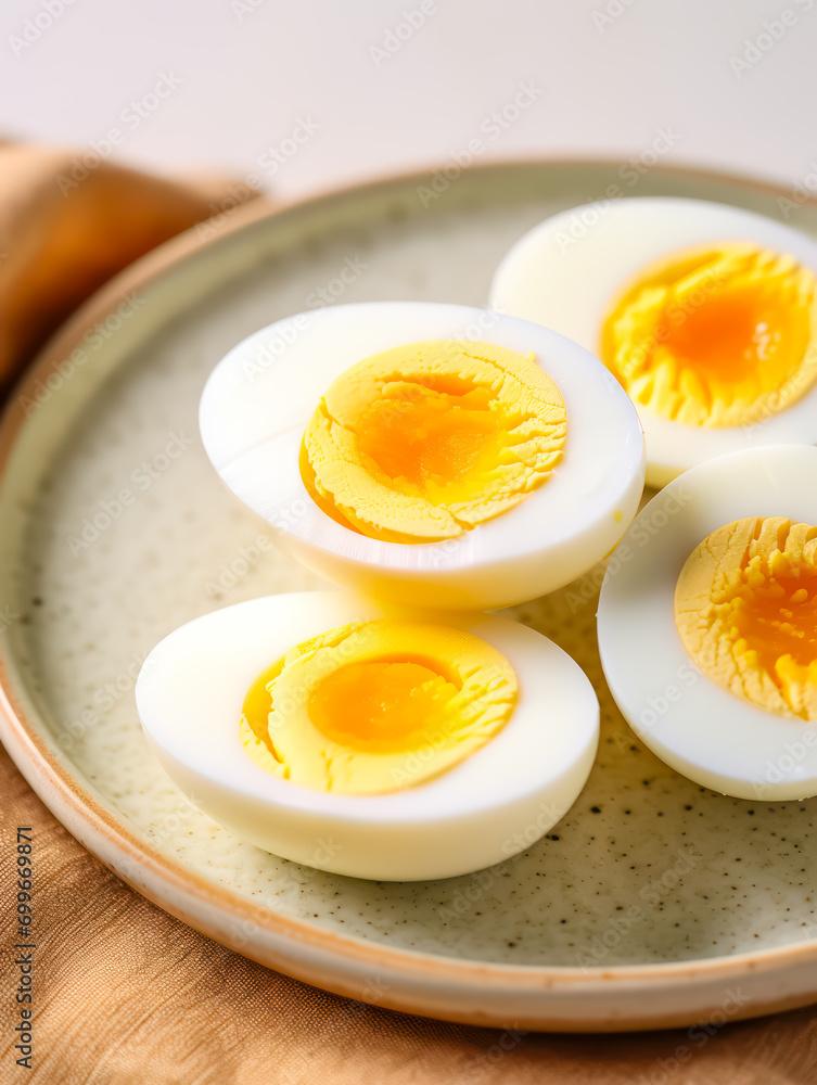 Perfectly Cooked Boiled Eggs on Ceramic Plate, Nutritious Snack, High-Protein Breakfast Idea, Food Photography Perfectly Cooked Boiled Eggs on Ceramic Plate, Nutritious Snack, High-Protein Breakfast Idea, Food Photography