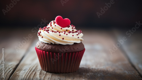 Valentine's Cupcake with Heart-Shaped Topper on Rustic Wooden Table, Romantic Sweet Treat for Valentine Love Celebration