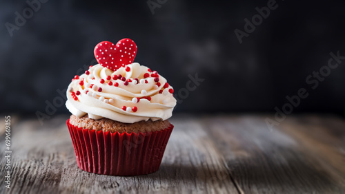 Valentine's Cupcake with Heart-Shaped Topper on Rustic Wooden Table, Romantic Sweet Treat for Valentine Love Celebration