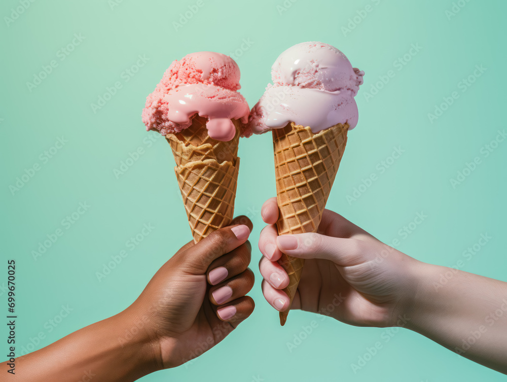 Hands holding melting ice cream waffle cone in hands, cone of bright, tasty, refreshing, colorful, Photo Studio light. Hands holding melting ice cream waffle cone in hands, cone of bright, tasty, refreshing, colorful, Photo Studio light.