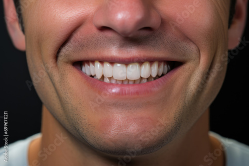 Male smile with snow-white healthy teeth close-up
