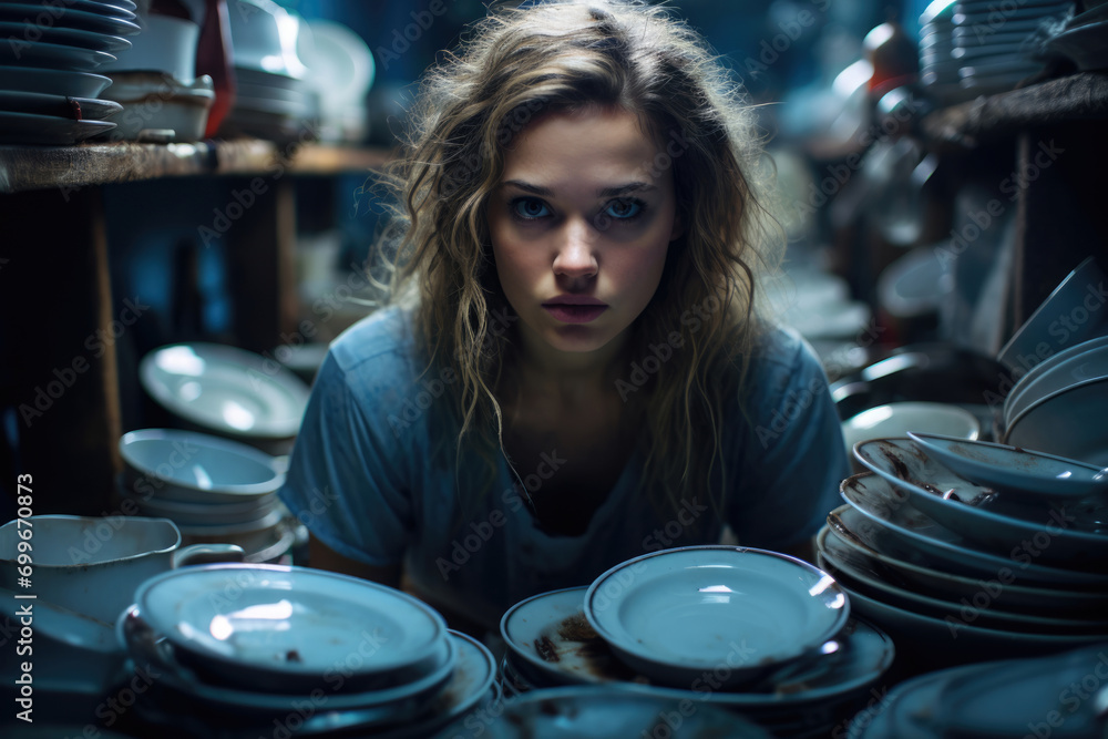 Young woman housewife depressed in the kitchen among a pile of dirty dishes Young woman housewife depressed in the kitchen among a pile of dirty dishes