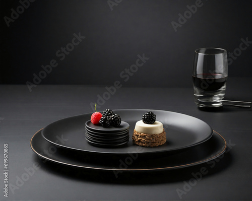 a photographu of creative fruit cake with black color on a black plate and table photo