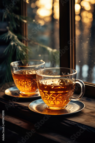 cups of tea on the windowsill against the backdrop of the winter landscape outside the window