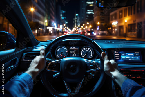 Hands on the steering wheel in the interior of a modern expensive sports car