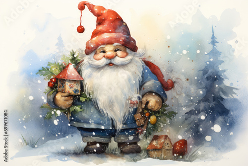 New Year's or Christmas gnome in a red hat in watercolor style photo