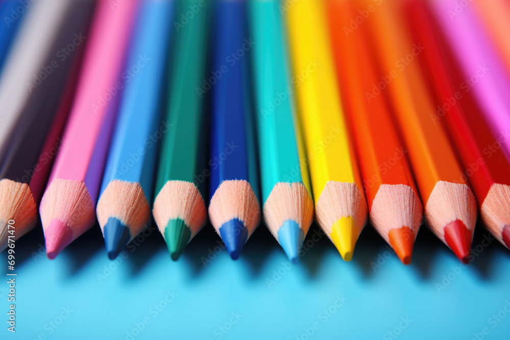 Row of colored pencils on a blue background Row of colored pencils on a blue background