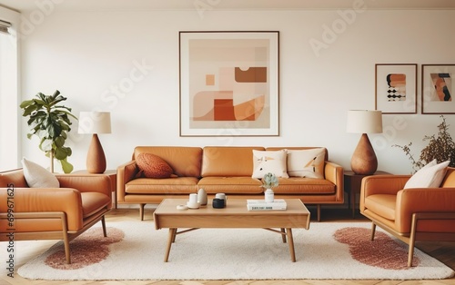 Cool interior design. Mid-century modern living room with tan leather sofa, geometric rug and vintage art prints. Indoor plants. AI Generative. © your_inspiration