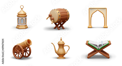 Golden lantern, bedug drum, golden cannon on white background. Realistic arch, kettle with traditional drink and open Quran on wooden stage. Vector illustration in 3d style