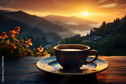 Hot coffee or tea against sunset background