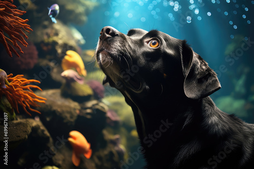 Funny dog looks at the fish in the aquarium