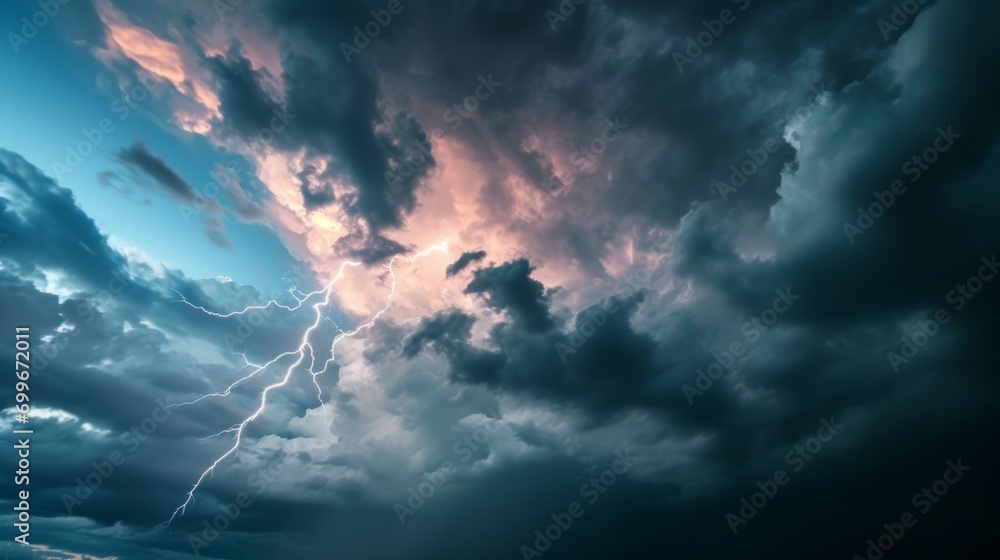 Lightning strikes illuminate the dark cloudy sky in a dramatic display ...