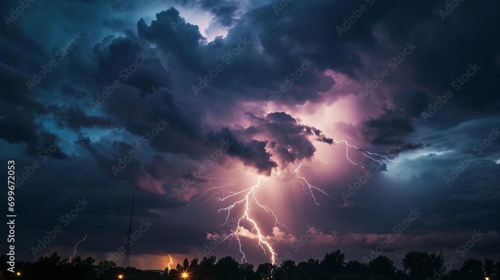Lightning strikes illuminate the dark cloudy sky in a dramatic display of nature's power. Flashes of light cut through the darkness, creating an atmospheric and electrifying scene Lightning strikes illuminate the dark cloudy sky in a dramatic display of nature's power. Flashes of light cut through the darkness, creating an atmospheric and electrifying scene