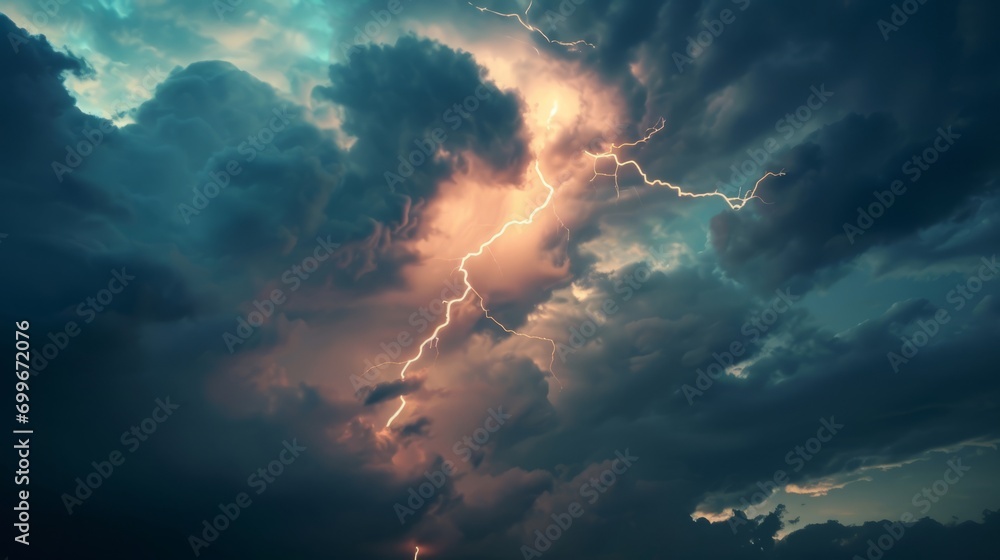 Lightning strikes illuminate the dark cloudy sky in a dramatic display ...